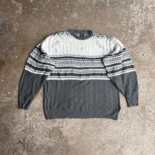 Grey & Cream Patterned Knitted Jumper - L