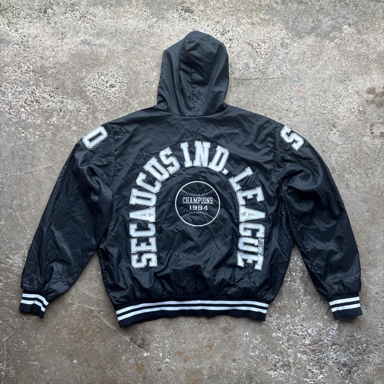 90s black hooded baseball track jacket