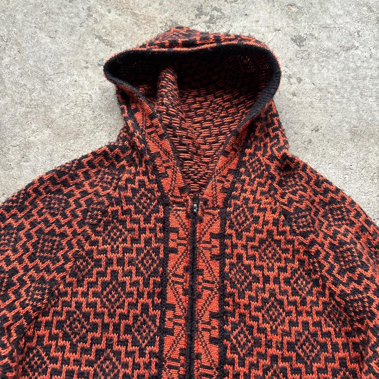Hand knit orange and black tapestry hooded wool jacket
