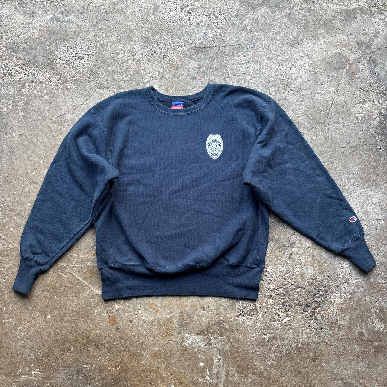 Navy Champion sweatshirt with Denver Fire Service prints