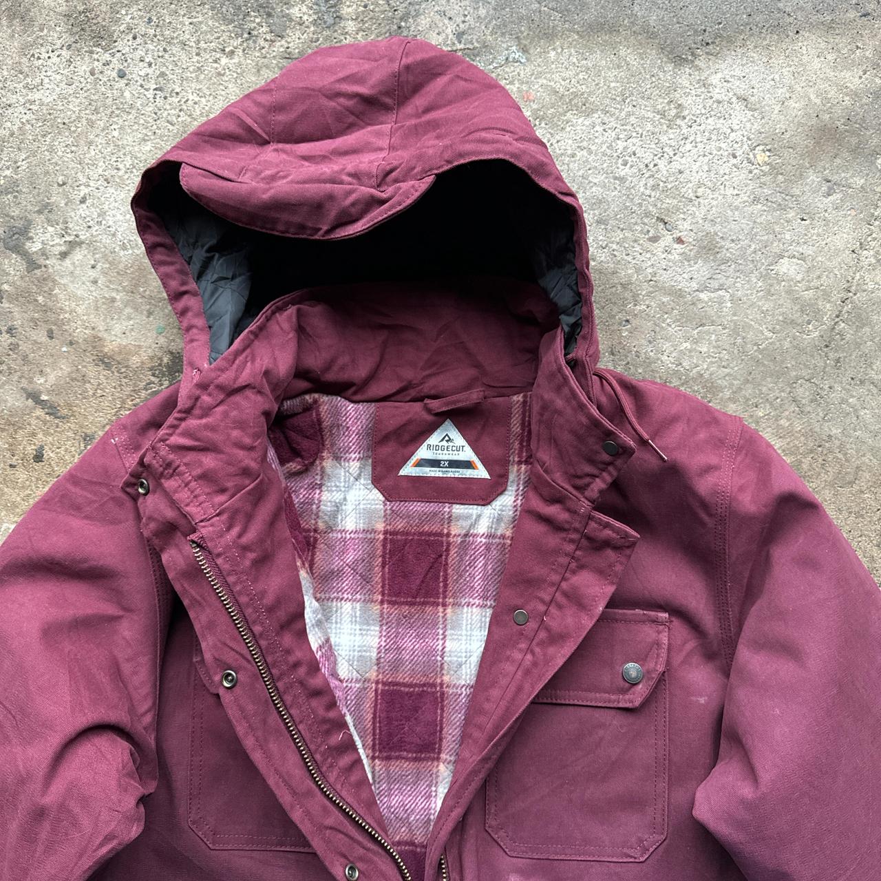 Burgundy workwear jacket with chequered lining