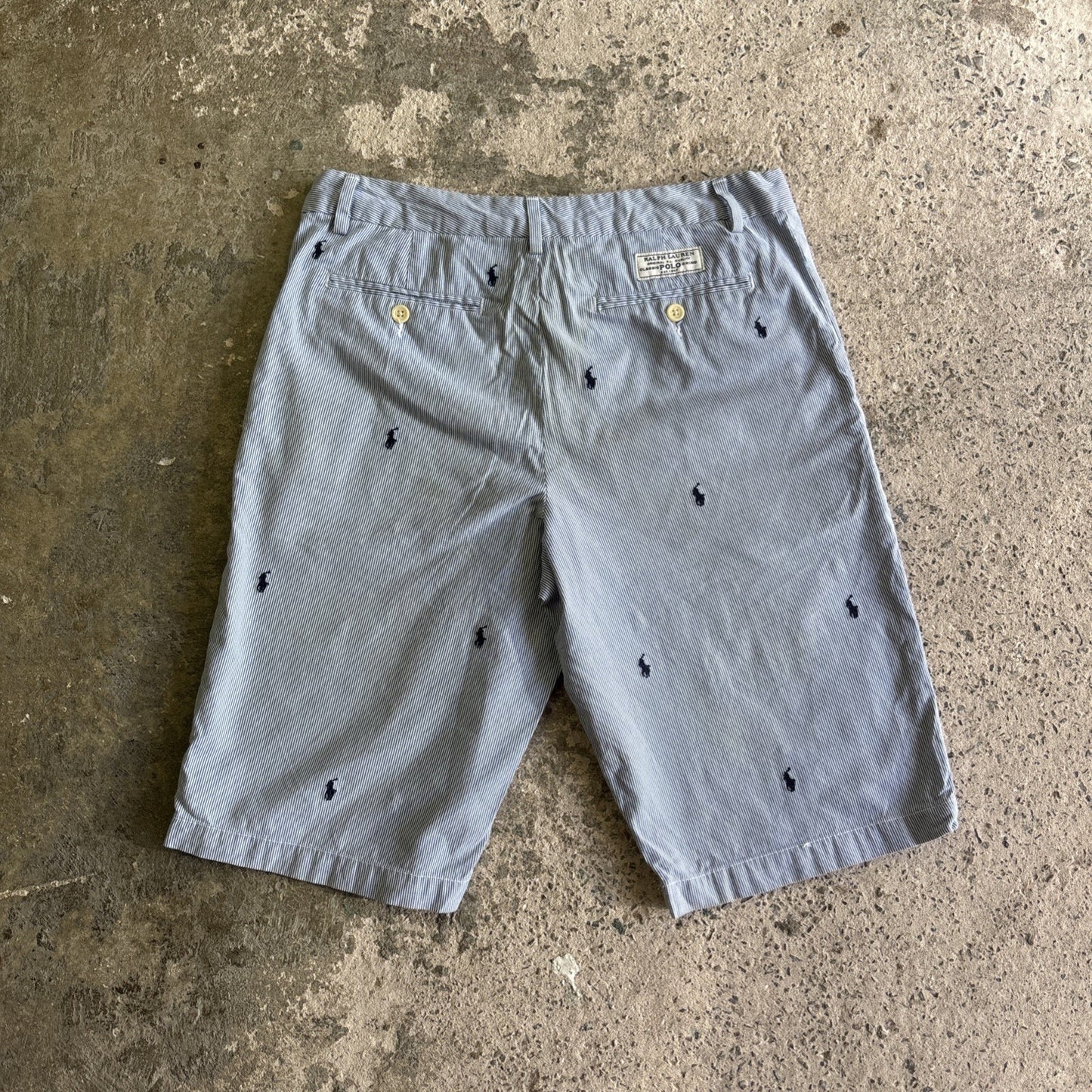 Blue & White Striped Ralph Lauren Logo Embroidered Shorts | W30"
