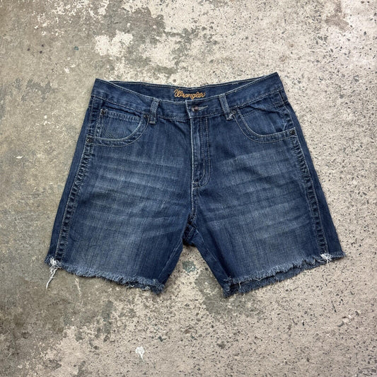 Textured Blue Denim Wrangler Cut Off Jean Shorts | W32"