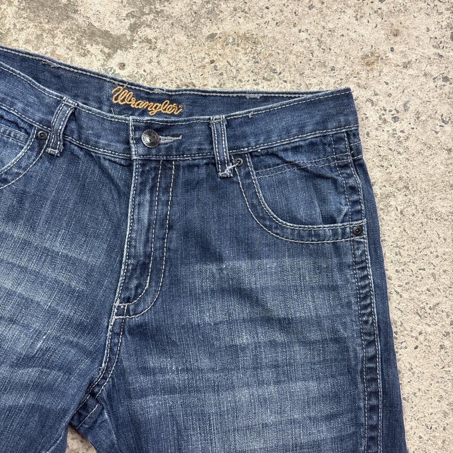 Textured Blue Denim Wrangler Cut Off Jean Shorts | W32"