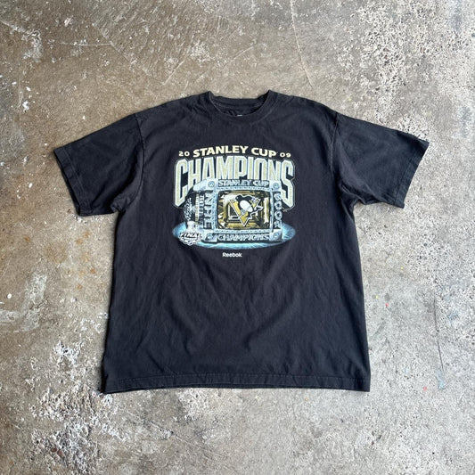 Vintage 2009 Pittsburgh Penguins Stanley Cup NHL Black Reebok T-Shirt