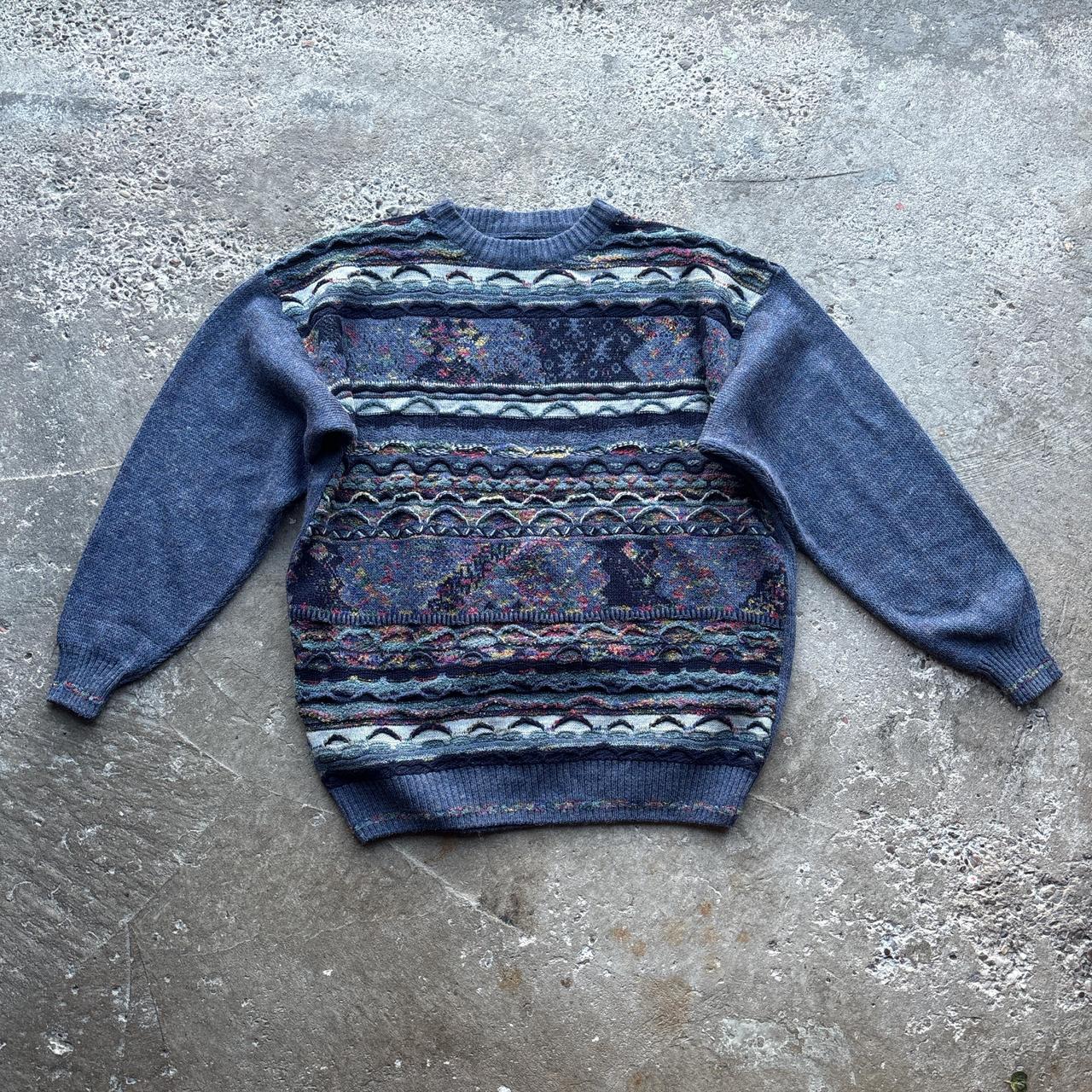 Vintage C&A blue knitted sweatshirt with crazy pattern - L