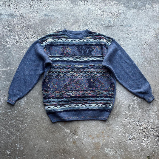 Vintage C&A blue knitted sweatshirt with crazy pattern - L