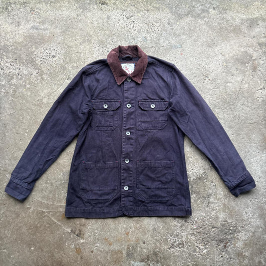 Navy workwear jacket with burgundy collar