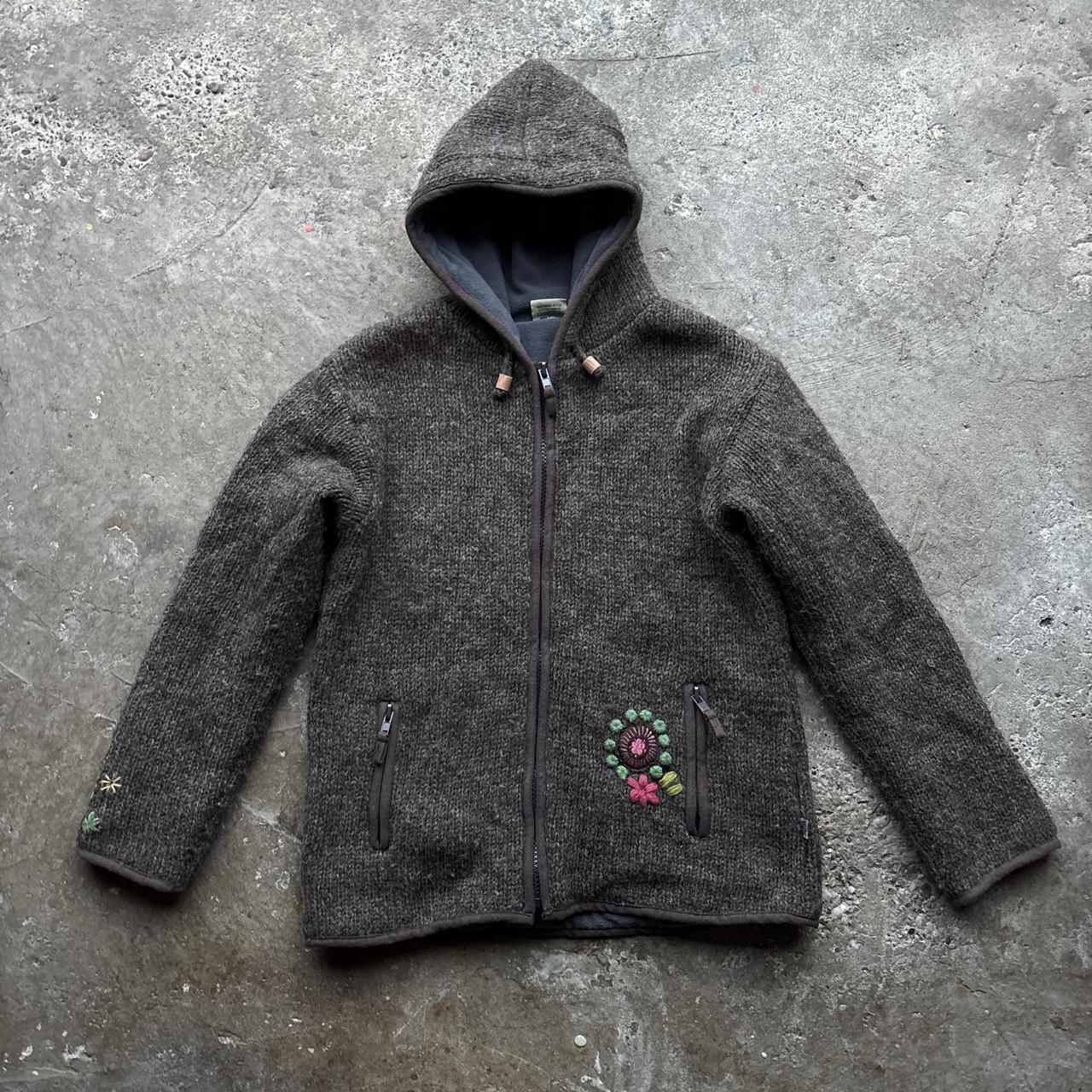 Brown wool Pachamama hooded jacket with fleece lining