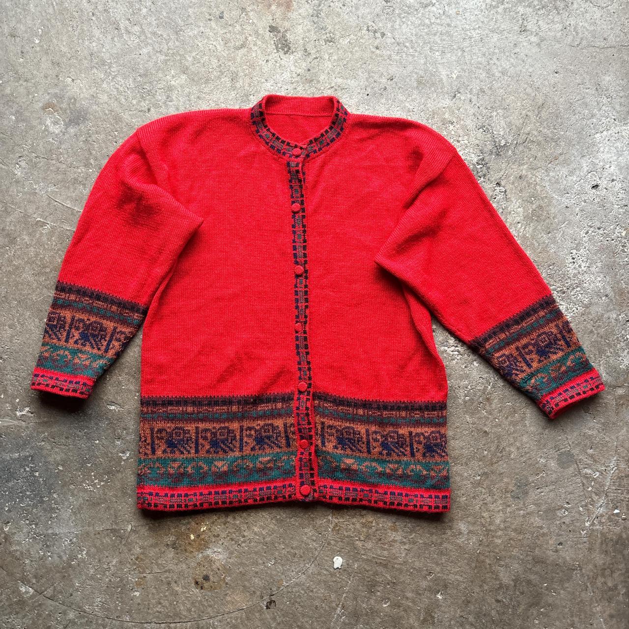 Red hand knitted 100% alpaca wool cardigan