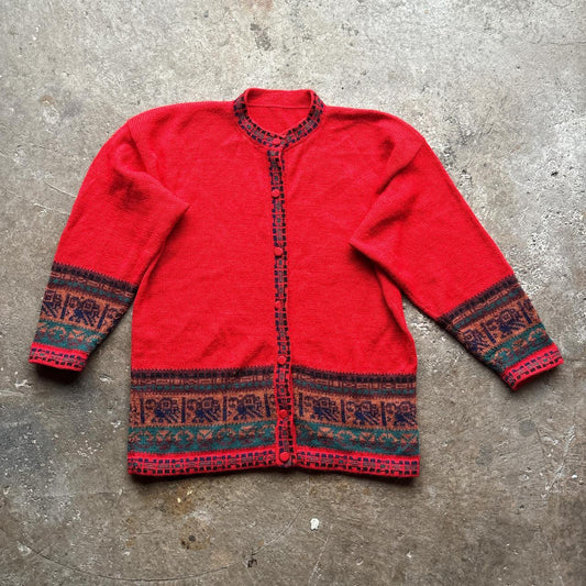 Red hand knitted 100% alpaca wool cardigan