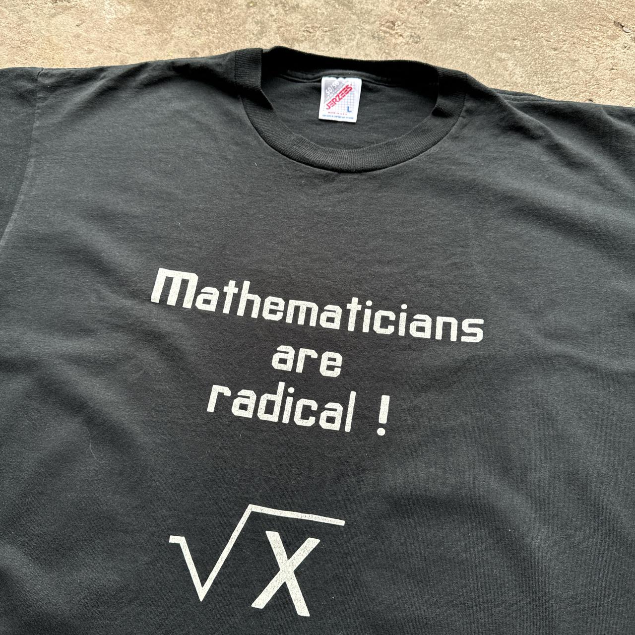 Black graphic tee with ‘mathematics are radical’ print