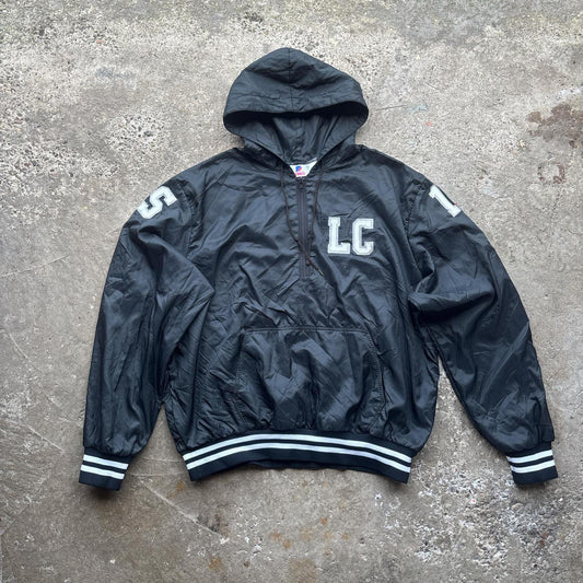 90s black hooded baseball track jacket