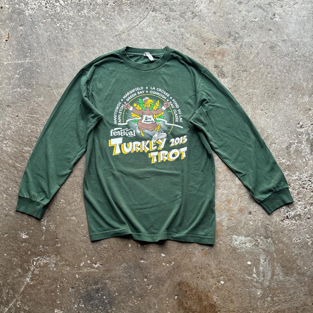 Green graphic long-sleeve top with turkey print -   M