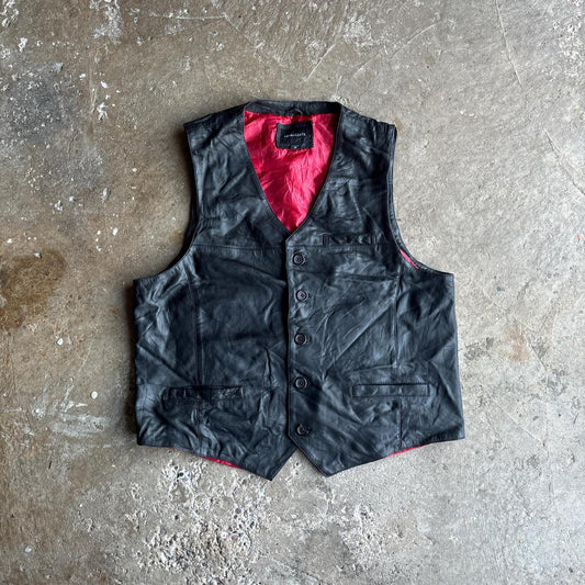 Vintage Black Leather Button Up Vest - L