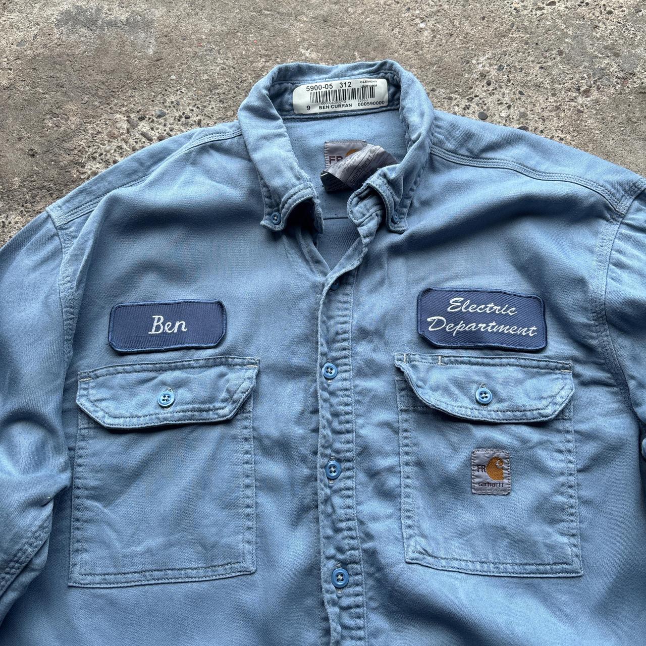 Blue Carhartt Flame Resistant workwear shirt with Ben name tag - L