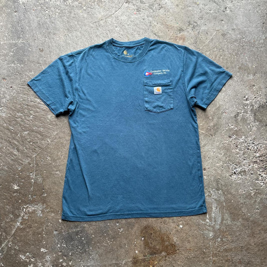 Blue Carhartt single pocket tee with company logo - M