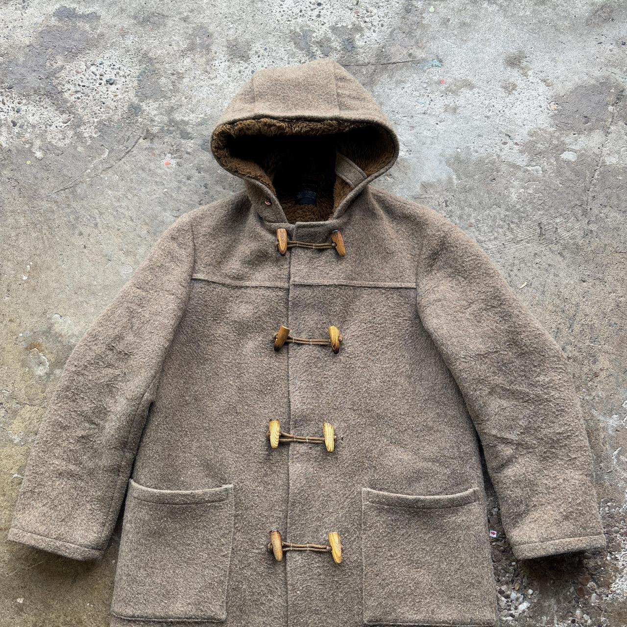 70s Tan and brown wool duffle coat with hood