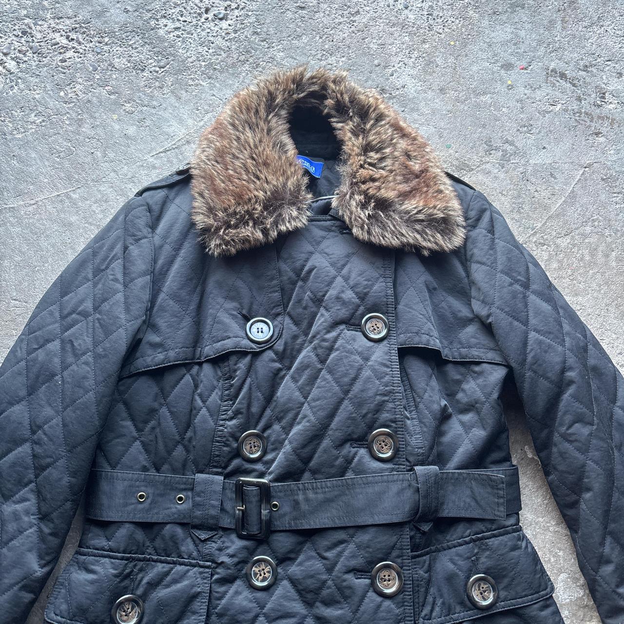 Black quilted Kesta trench coat with faux fur trim - Size 14