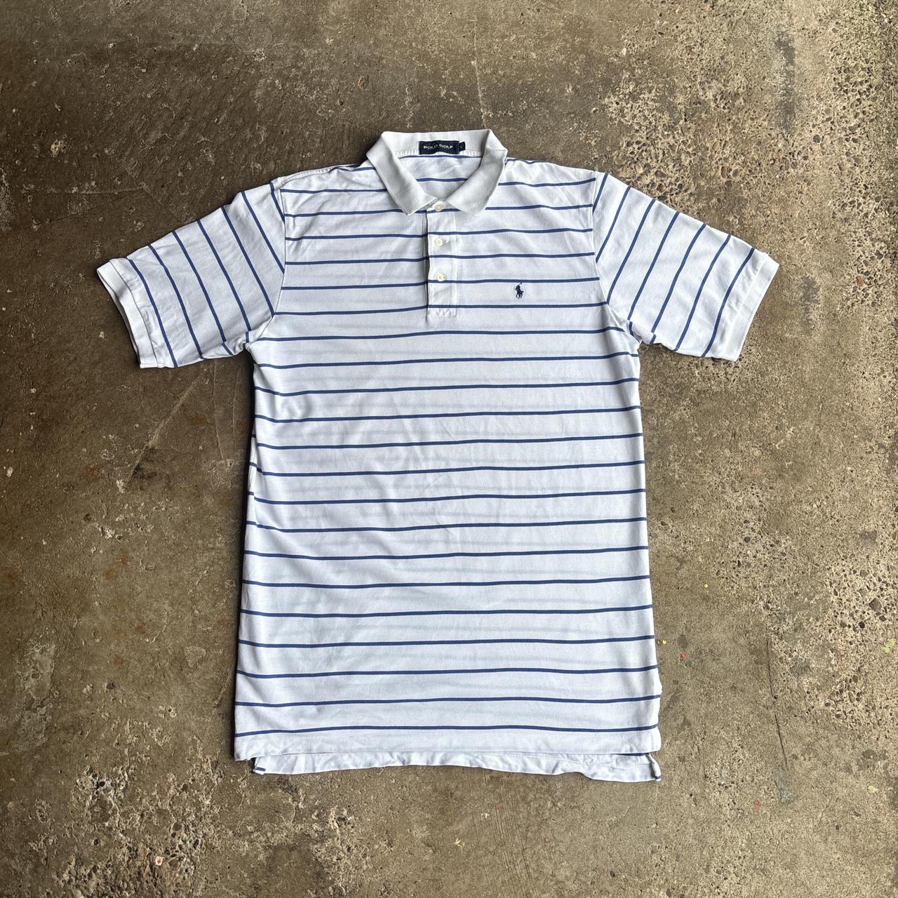 White & Blue Striped Ralph Lauren Golf Polo Shirt - L