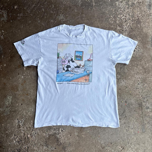 White Single Stitch Funny Graphic Cow T-Shirt - XL