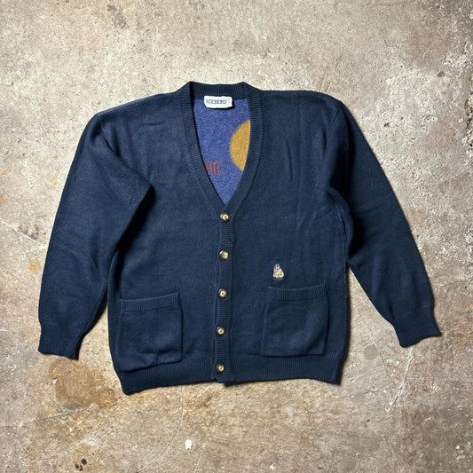 Navy blue vintage Iceberg cardigan with embroidered seal patch