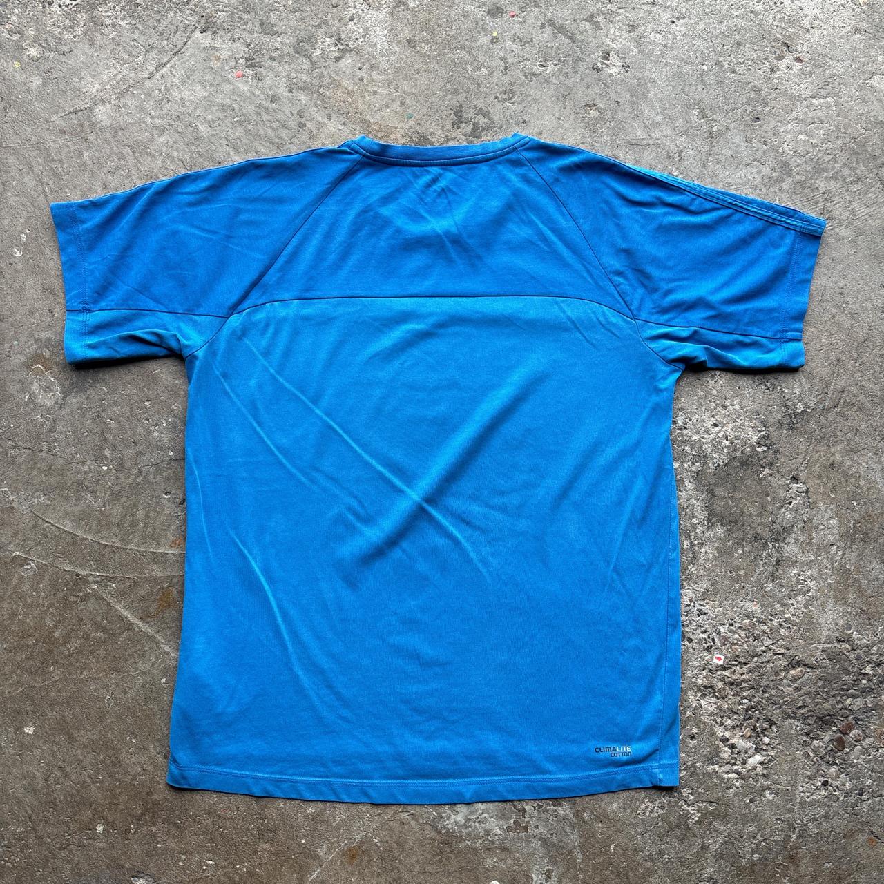 Blue Adidas t-shirt with 3 stripes and embroidered logos