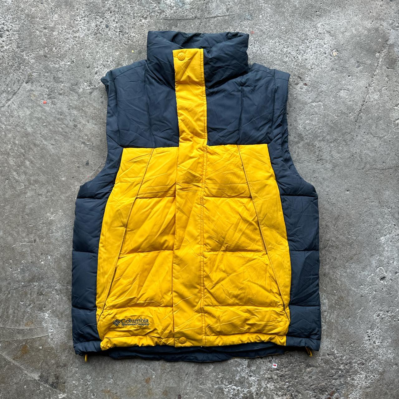 Navy and yellow Columbia puffer gilet