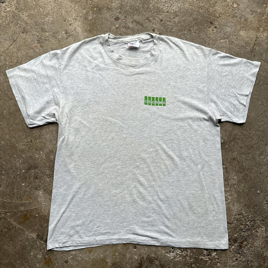 Grey graphic tee with “sorma” prints