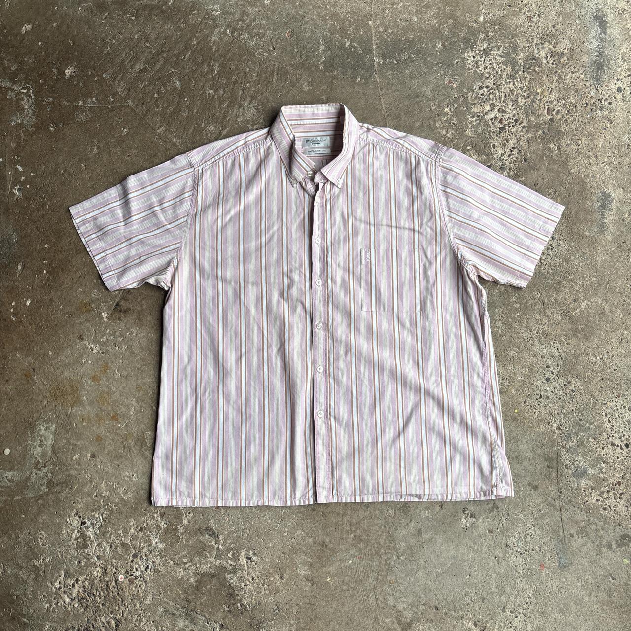 Pink Striped Yves Saint Laurent (YSL) Short Sleeve Shirt - 2XL