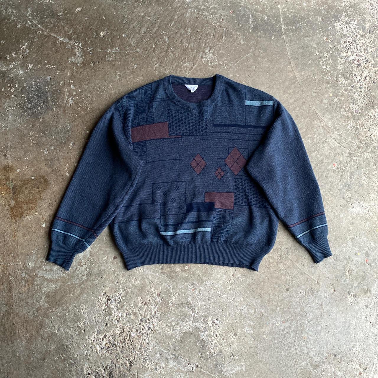 Vintage Blue Abstract Pattern Knitted Sweater - M
