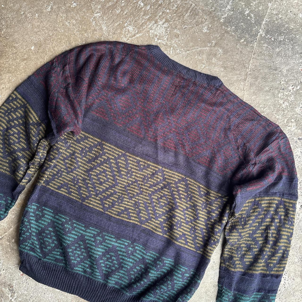 Multi-coloured Patterned Knitted V-Neck Jumper - XL