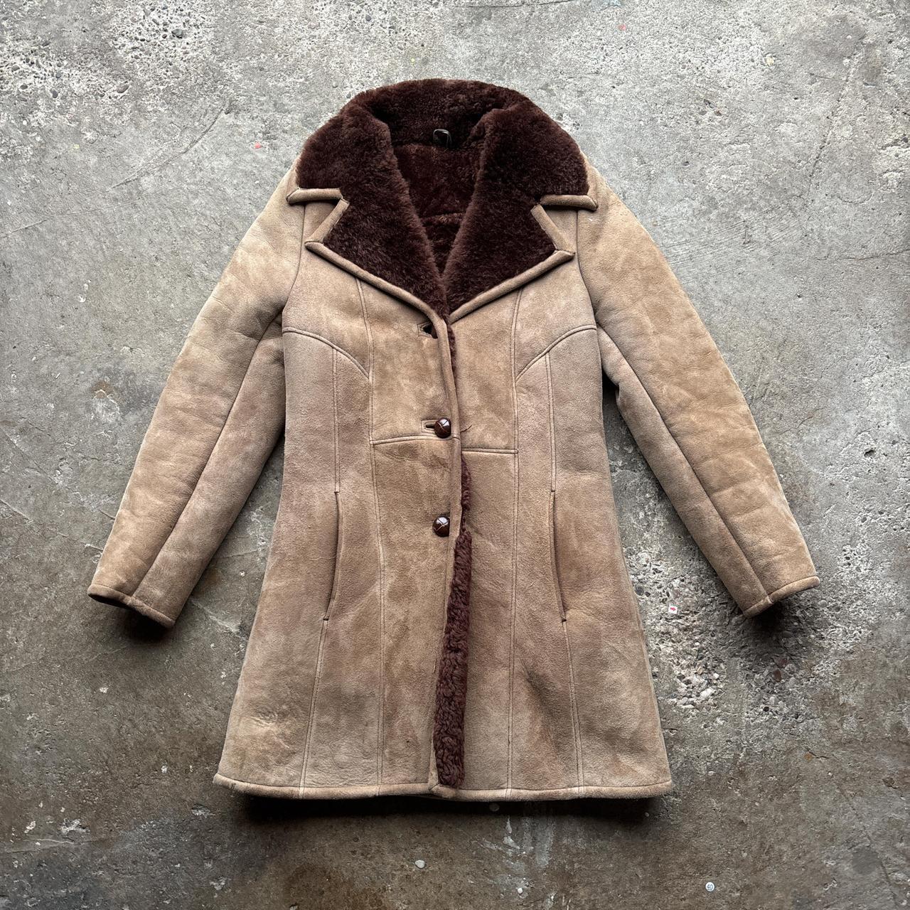 Tan suede sheep skin coat with brown Sherpa collar and  lining