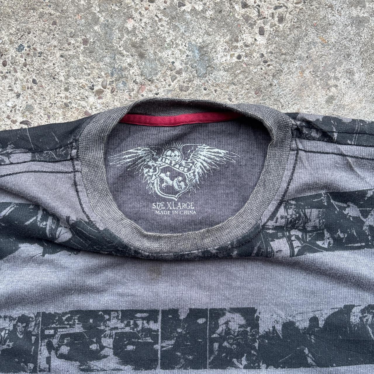 Black and grey single stitch long-sleeve punk rocker printed t-shirt with contrast