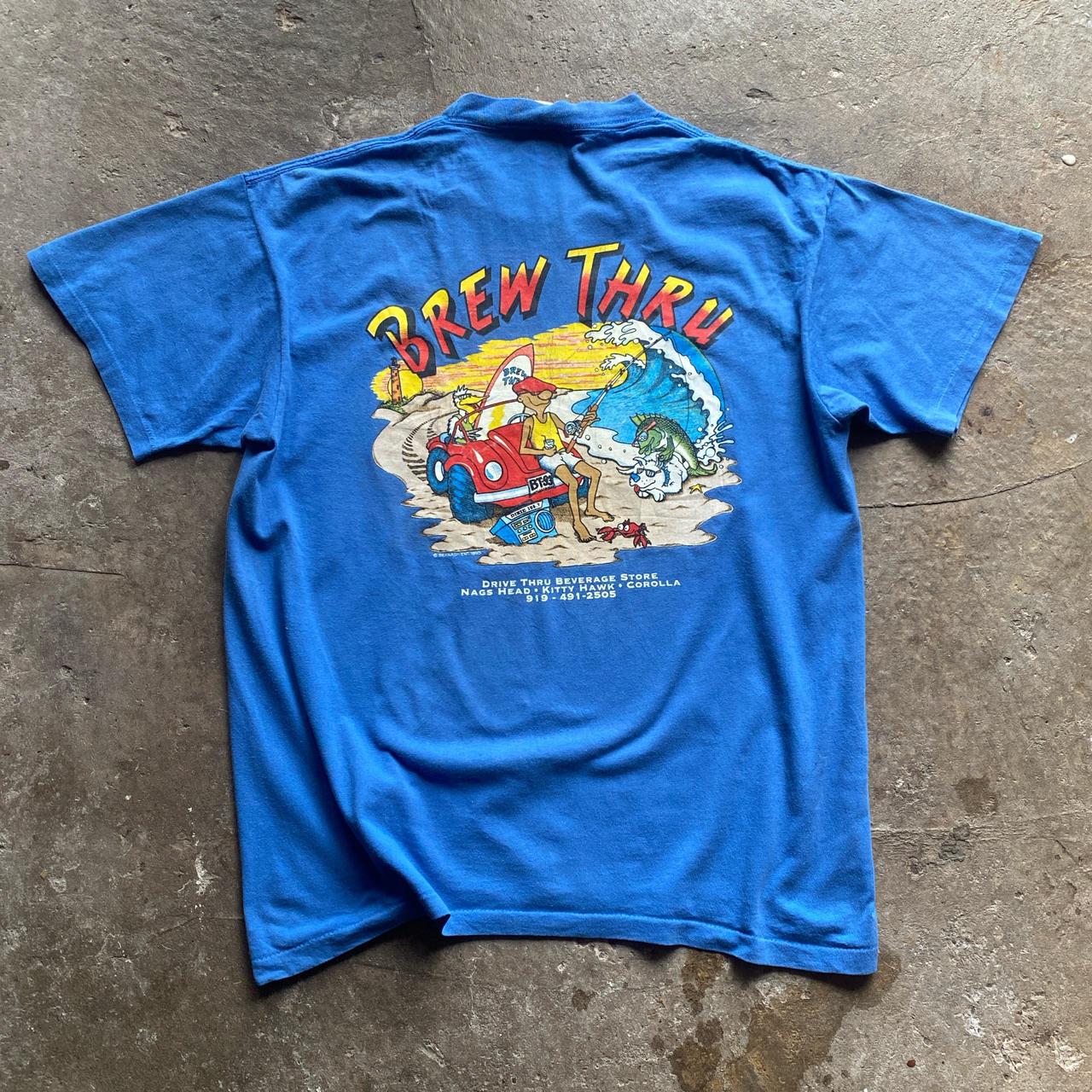 90s Blue graphic tee with ‘Brew Thru’ print - L