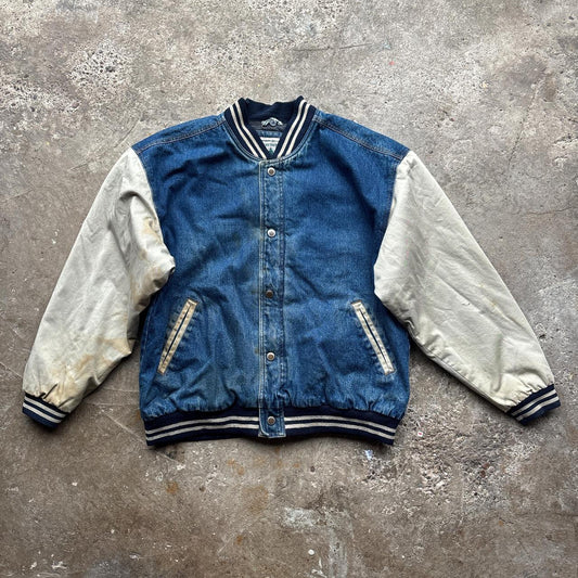 90s Blue Denim and cream letterman jacket