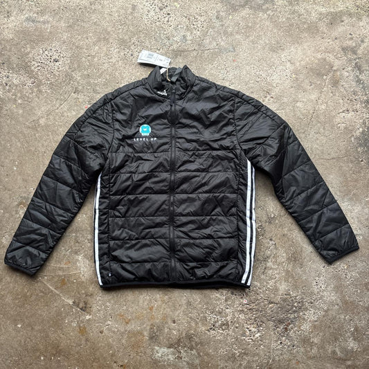 Black Adidas puffer jacket with Mario Kart embroidered logo
