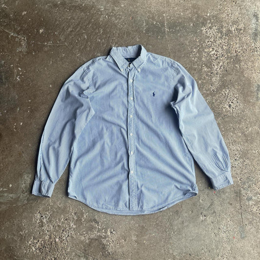 Blue & White Striped Ralph Lauren Sear Sucker Oxford Shirt - L