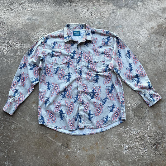 Grey Wrangler Western shirt with Aztec and cowboy print