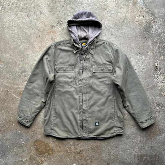 Khaki and grey hooded workwear jacket