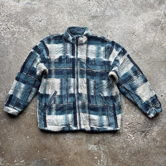 Blue and white chequered fleece with corduroy detailing