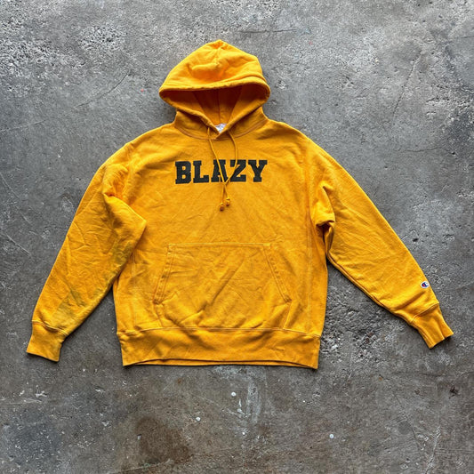 Yellow Champion hoody with ‘Blazy’ print