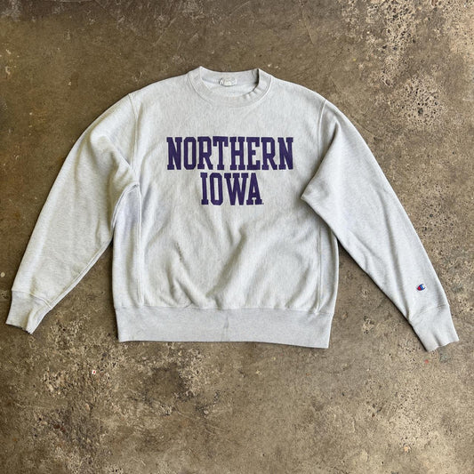 Champion grey crewneck sweatshirt with purple Northern Iowa University logo