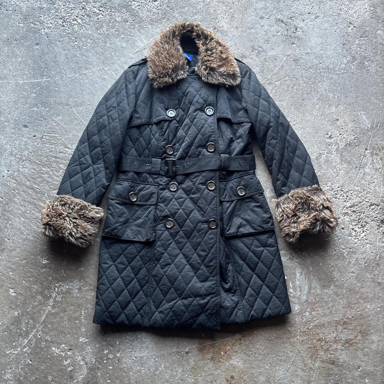 Black quilted Kesta trench coat with faux fur trim - Size 14