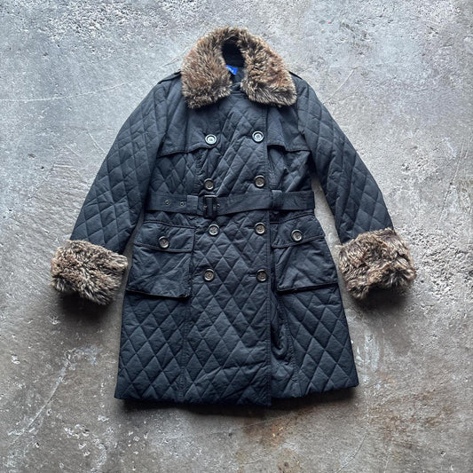Black quilted Kesta trench coat with faux fur trim - Size 14