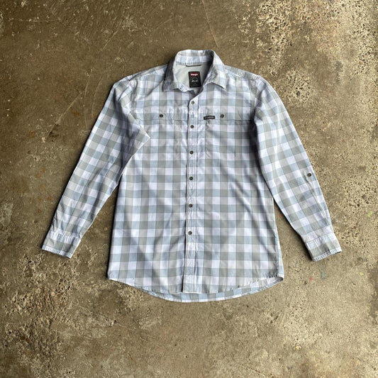 Blue & Grey Checkered Wrangler Long Sleeve Shirt - M