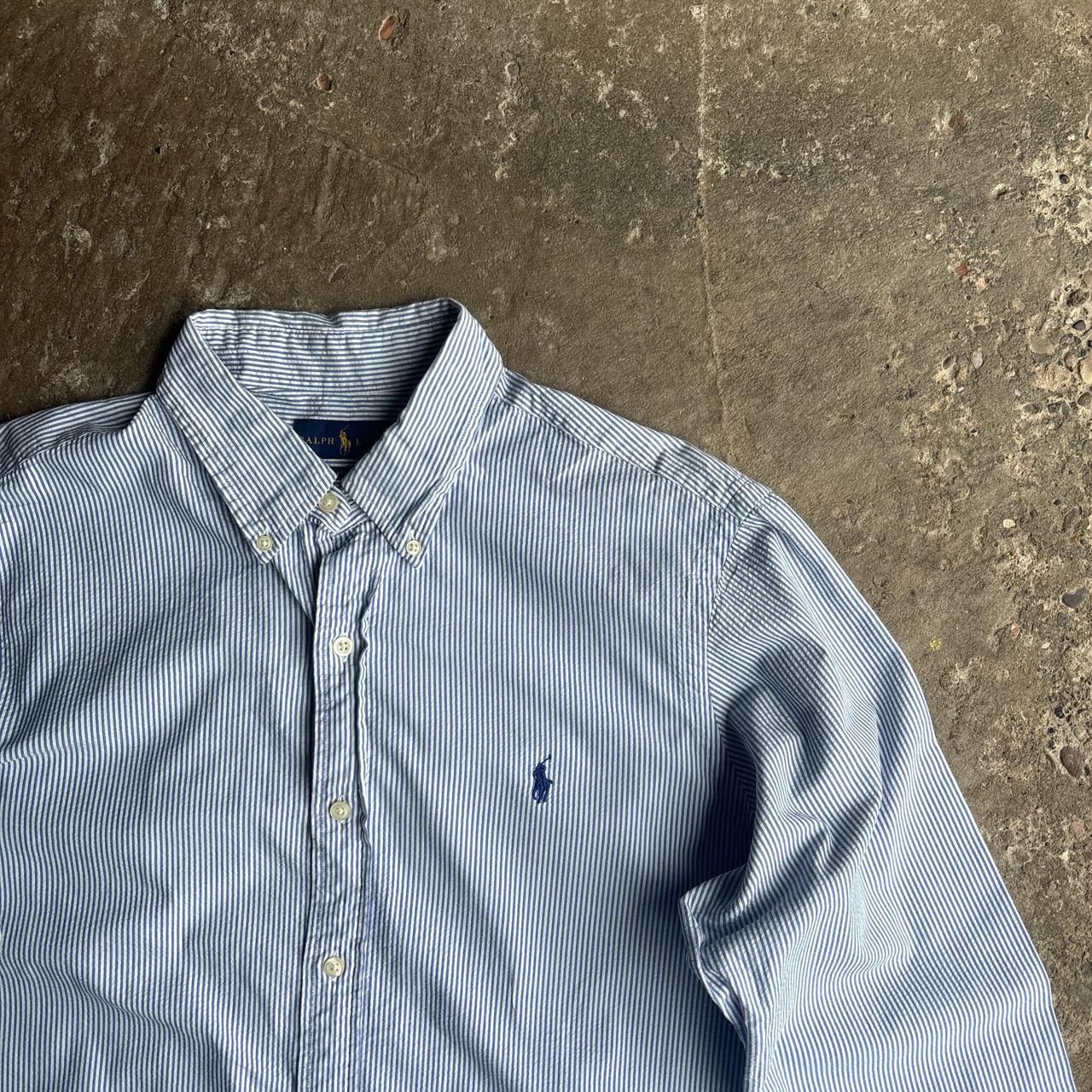 Blue & White Striped Ralph Lauren Sear Sucker Oxford Shirt - L