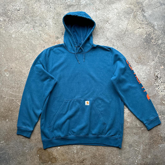 Blue Carhartt hoody with orange print down the sleeve
