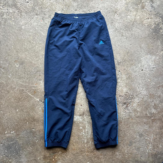 Navy Adidas track pants with blue stripes and embroidered logo
