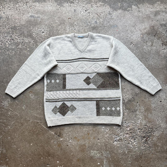 Vintage Cream wool jumper with abstract design - L